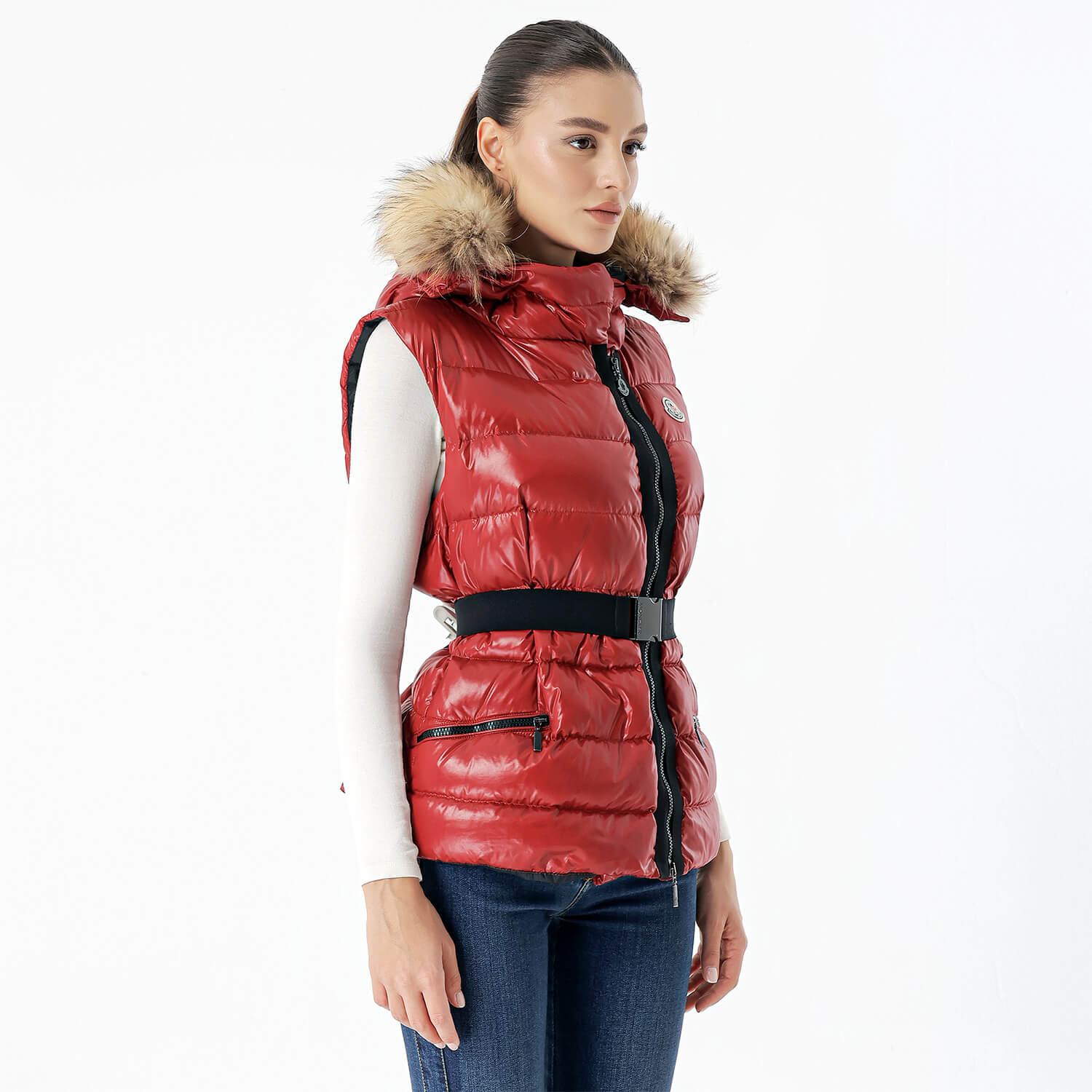 Moncler - Red Puffer & Fur Gilet Hodded Lightweight Coat